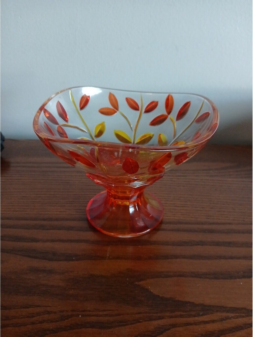 Due Zeta Murano Hand Painted Italy Crystal Tree of Life Leaves Footed Bowl